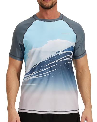 VAYAGER Herren-Bade-Shirt, Rashguard, LSF 50+, schnelltrocknend, lockere Passform, Wasser-Surf-Shirt, Grau/Blaue Wellen, 5X-Large von VAYAGER