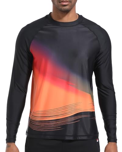 VAYAGER Herren Schwimmshirts UPF 50+ Rashguard Langarm Schnelltrocknendes T-Shirt Locker sitzendes Wasser Angeln UV-Schutzshirts(Black Orange 3XL) von VAYAGER