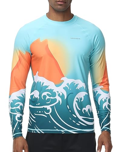 VAYAGER Herren Schwimmshirts UPF 50+ Rashguard Langarm Schnelltrocknendes T-Shirt Locker sitzendes Wasser Angeln UV-Schutzshirts(Blau/Sonne L) von VAYAGER
