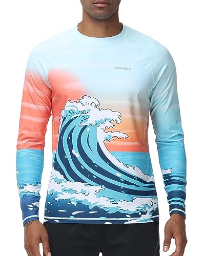 VAYAGER Herren Schwimmshirts UPF 50+ Rashguard Langarm Schnelltrocknendes T-Shirt Locker sitzendes Wasser Angeln UV-Schutzshirts(Blau Orange 4XL) von VAYAGER