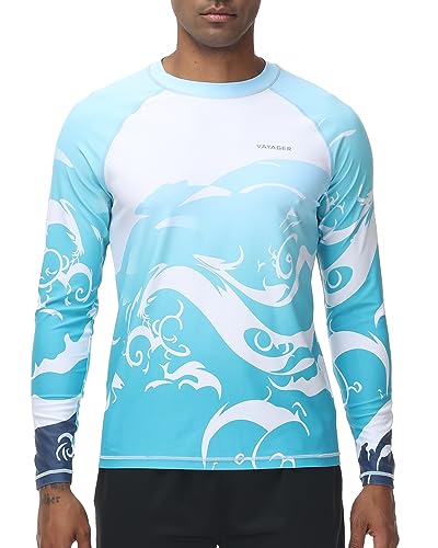 VAYAGER Herren Schwimmshirts UPF 50+ Rashguard Langarm Schnelltrocknendes T-Shirt Locker sitzendes Wasser Angeln UV-Schutzshirts(Blaue Wellen XL) von VAYAGER