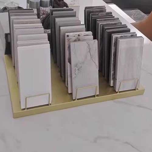 VBVARV PräSentationsstäNder Bodenfliesen, Bodenstehendes, Robustes Metallregal Zur Aufbewahrung Von Holzplatten, Vertikaler Musterhalter FüR Bodenfliesen,Gold,30 Card Slots von VBVARV