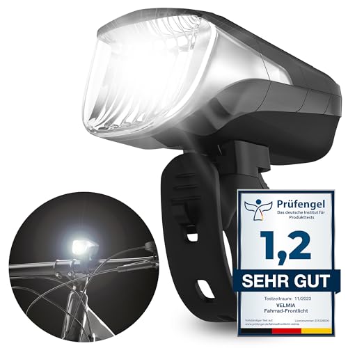 VELMIA Fahrradlicht Vorne StVZO zugelassen mit USB Akku-Betrieb und 8,5h Leuchtdauer I LED Fahrrad Licht regenfest und aufladbar I Front Fahrradlampe Schwarz von VELMIA