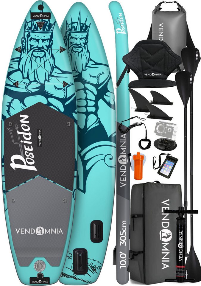 VENDOMNIA SUP-Board aufblasbar, Größe 305cm, Farbwahl, Stand Up Paddle Board, (15 cm dick, 3 PVC Schichten, max 170 kg), Paddling board, Paddelboard, Surfboard, (Kajaksitz - Rucksack - Pumpe - Doppelpaddel - Tragetasche - Cam Holder - 30l Drybag - Beinleine - Handytasche - Kickpad) von VENDOMNIA