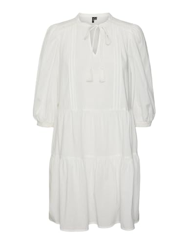 VERO MODA Damen Kurzes Crepe Kleid mit Kordel Midi Dress 3/4 Ärmel Sommerkleid Tunika, Farben:Weiß, Größe:S von VERO MODA