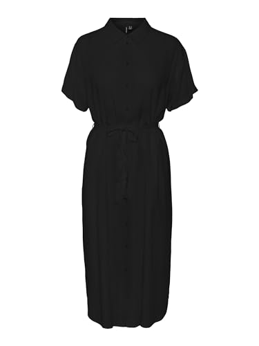 VERO MODA Damen Leichtes Kurzarm Kleid Midi Blusen Dress Locker mit Gürtel und Hemdkragen VMBUMPY, Farben:Schwarz,Größe Damen:XS von VERO MODA