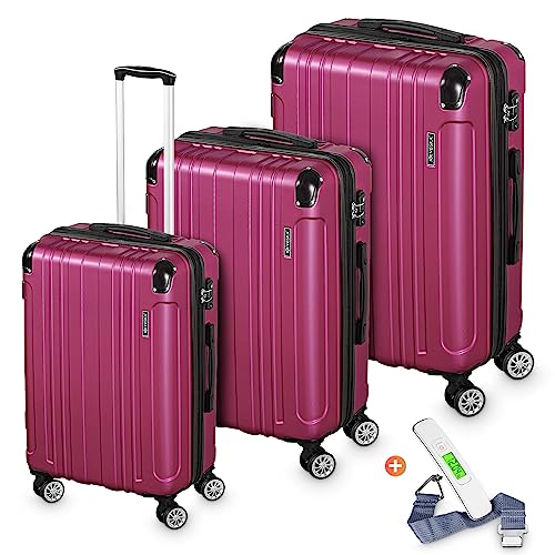 VESKA 3tlg. Hartschalenkofferset Hard Shell Reisekoffer Kofferset Trolley Koffer Hartschalenkoffer Reisekofferset Rollkoffer TSA Zahlenschloss 4 Rollen ABS-Hartschale M-L-XL (Berry) von VESKA