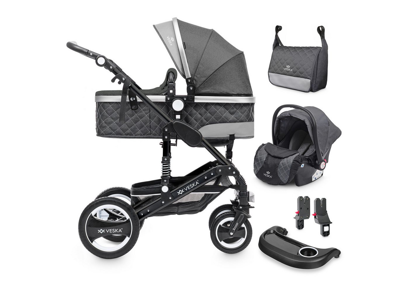 VESKA Kombi-Kinderwagen 3in1 inkl. Babyschale, Buggy, Jogger, mit Wickeltasche, Ess&Spieltisch, Moskitonetz, Regencover, Autoschale Fußsack, Aluminiumrahmen von VESKA