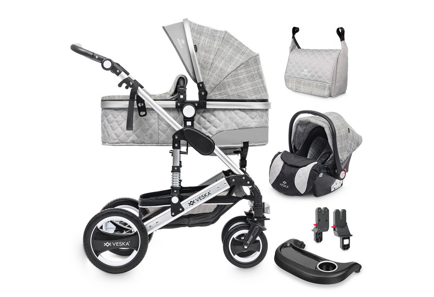 VESKA Kombi-Kinderwagen 3in1 inkl. Babyschale, Buggy, Jogger, mit Wickeltasche, Ess&Spieltisch, Moskitonetz, Regencover, Autoschale Fußsack, Aluminiumrahmen von VESKA