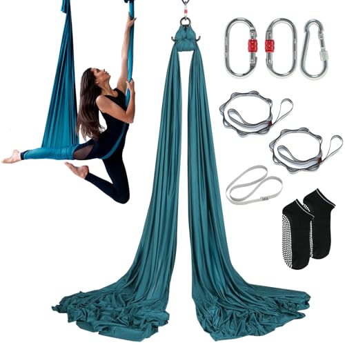 VEVOR Aerial Yoga Hängematte Set 5 x 2,8 m, Grün Aerial Yoga Swing Air Fliegen, Yoga-Schaukel Hammock Swing 1000 kg Max. Tragfähigkeit, inkl. Yoga-Socken & Stahlkarabiner, Anti-Gravity-Übungen von VEVOR