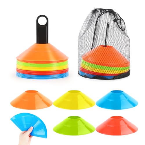 VFANDV Fussball Hütchen Set, 5 Farben hütchen Fussball Set mit Ständer und Netztasche, Runde Markierungshütchen für Hockey, Fussball, Eislaufen, Handball, Koordinationstraining (Colorful 50p) VFANDV Fussball Hütchen Set, 5 Farben hütchen Fussball Set mit Ständer und Netztasche, Runde Markierungshütchen für Hockey, Fussball, Eislaufen, Handball, Koordinationstraining (Colorful 50p) von VFANDV