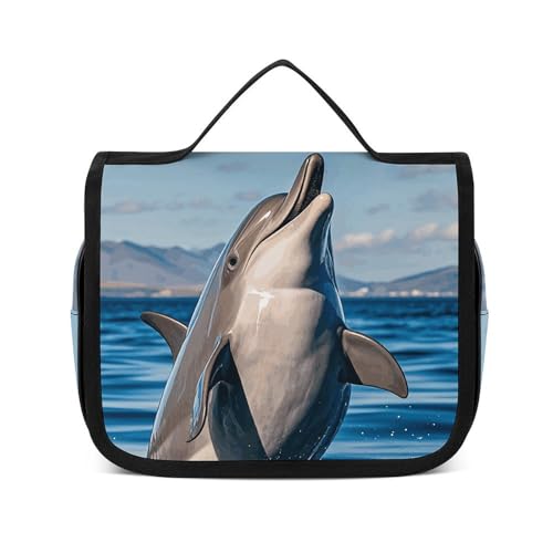 VFKLT Kulturbeutel zum Aufhängen, niedlicher Delfin, springend, Reise-Make-up-Tasche, Organizer, wasserdicht, Kosmetiktasche für Damen und Herren, weiß, 22,6 x 7,1 x 18,5 cm, Kulturbeutel zum von VFKLT