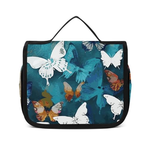 VFKLT Kulturbeutel zum Aufhängen, weiße Schmetterlinge, Reise-Make-up-Tasche, Organizer, wasserdichte Kosmetiktasche für Damen und Herren, weiß, 22,6 x 7,1 x 18,5 cm, Kulturbeutel zum Aufhängen, weiß, von VFKLT