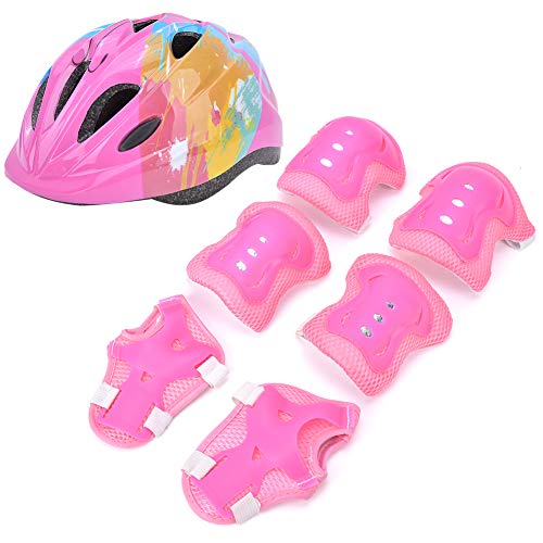 VGEBY Kinderschutzausrüstung, 7 Stück Kinder Skating Fahrrad Schutzausrüstung Kinderschutzhelm Knieschoner Ellbogenschützer(Rosa bunt) von VGEBY