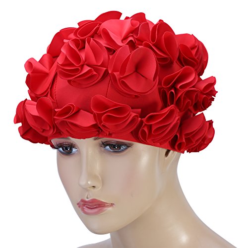 Badekappe Mit Blumen, Vintage Badehaube Retro Bademütze Für Damen(Rot) Schwimmende Ausrüstung von VGEBY1