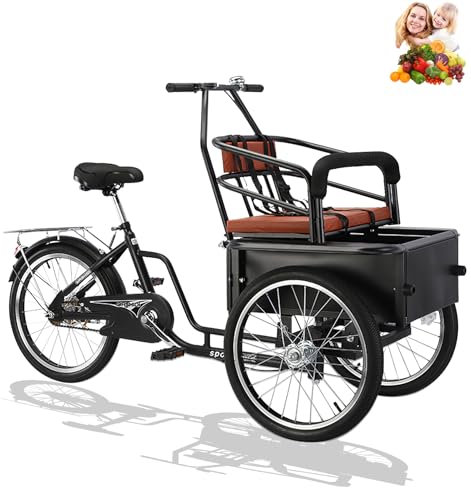 VHCLYBJU 20-Zoll-Dreirad für Erwachsene, Fahrrad für Erwachsene mit Kindersitz und Einkaufskorb 3 Räder Fahrrad Cruise Bikes Dreirad Cruising-Dreirad (Black, 20in) von VHCLYBJU