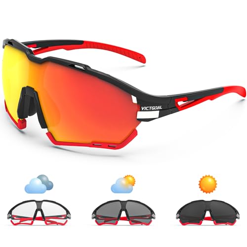 Victgoal Fahrradbrille Herren Damen UV400 Schutz Sonnenbrille, mit 2 Wechselgläser Polarisierte & Photochrome, Schutzbrille Sportbrille für Outdoorsports wie Radfahren Laufen Angeln (Schwarz) von Victgoal