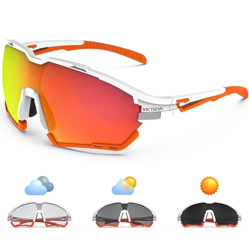 Victgoal Fahrradbrille Herren Damen UV400 Schutz Sonnenbrille, mit 2 Wechselgläser Polarisierte & Photochrome, Schutzbrille Sportbrille für Outdoorsports wie Radfahren Laufen Angeln (Weiß) von Victgoal