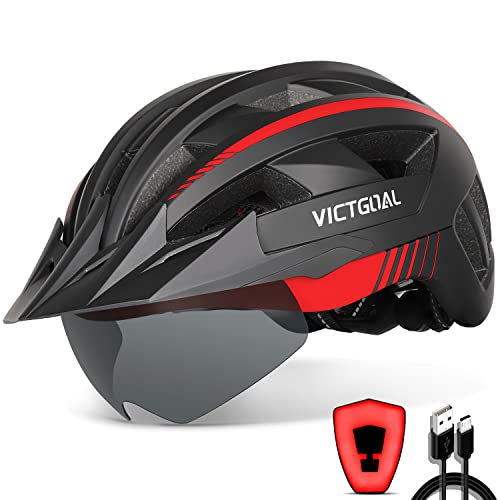 VICTGOAL Fahrradhelm Herren Damen MTB Helm mit Abnehmbarer Magnetische Schutzbrille Visier Atmungsaktiv mit 21 Belüftungskanäle Radhelm Einstellbare Fahrradhelme (L: 57-61cm, Schwarz Rot) von Victgoal
