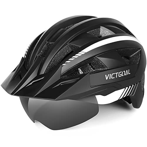 VICTGOAL Fahrradhelm MTB Mountainbike Helm mit magnetischem Visier Abnehmbarer Sonnenschutzkappe und LED Rücklicht Radhelm Rennradhelm für Erwachsenen Herren Damen (L: 57-61cm, Black White) von Victgoal