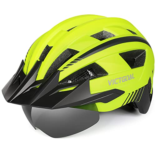 VICTGOAL Fahrradhelm MTB Mountainbike Helm mit magnetischem Visier Abnehmbarer Sonnenschutzkappe und LED Rücklicht Radhelm Rennradhelm für Erwachsenen Herren Damen (L: 57-61cm, Yellow) von Victgoal