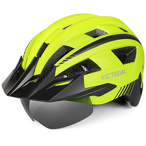 VICTGOAL Fahrradhelm MTB Mountainbike Helm mit magnetischem Visier Abnehmbarer Sonnenschutzkappe und LED Rücklicht Radhelm Rennradhelm für Erwachsenen Herren Damen (M: 54-58cm, Yellow) von Victgoal