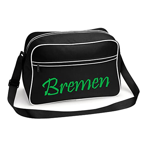 VIMAVERTRIEB® Retrotasche breit Bremen - Schriftzug - Druck: grün - Tasche Umhängetasche Fußball Fanartikel Fanshop - schwarz/weiß von VIMAVERTRIEB