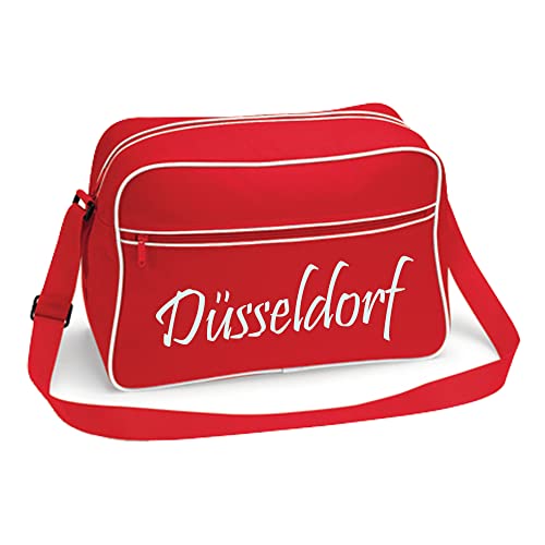 VIMAVERTRIEB® Retrotasche breit Düsseldorf - Schriftzug - Druck: weiß - Tasche Umhängetasche Fußball Fanartikel Fanshop - rot/weiß von VIMAVERTRIEB