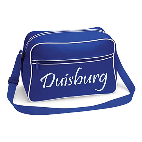 VIMAVERTRIEB® Retrotasche breit Duisburg - Schriftzug - Druck: weiß - Tasche Umhängetasche Fußball Fanartikel Fanshop - blau/weiß von VIMAVERTRIEB