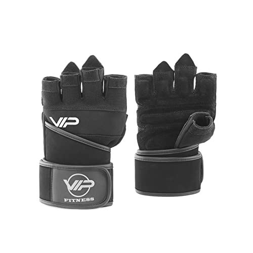 VIP Elevo Herren Damen Leder-Handschuhe, atmungsaktiv, Gewichtheben, Training, Handgelenkstütze, gepolstert, extra griffig, Handflächenschutz, Fitness, Workout, Größe S, Schwarz von VIP