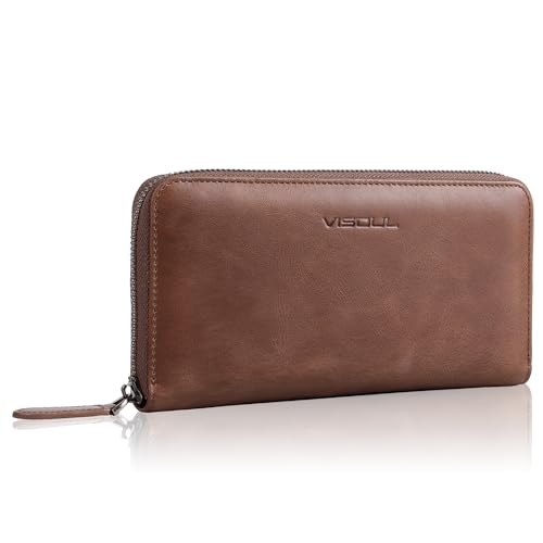 VISOUL Große Brieftasche Echtleder/Italienisches Leder mit RFID-Schutz, XL Geldbörse 71#Braun L02 von VISOUL