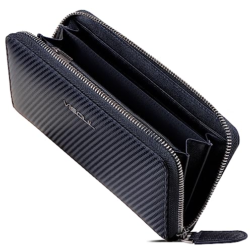 VISOUL Große Brieftasche Echtleder/Italienisches Leder mit RFID-Schutz, XL Geldbörse Carbon+Nappa L02 von VISOUL