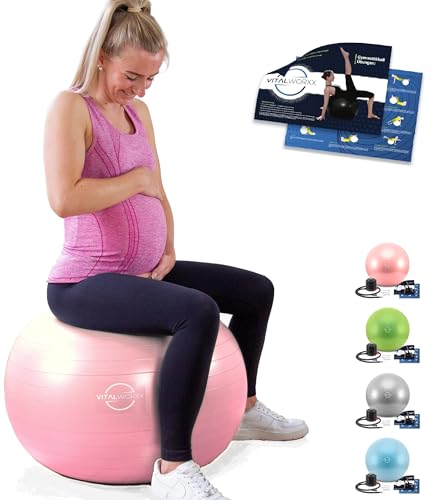 VITALWORXX Gymnastikball für Schwangere, extrem stabil, Sitzball Yogaball Pezziball 65 cm mit Pumpe, mit Übungen für Schwangerschaft, Geburt, Gesundheit, von VITALWORXX