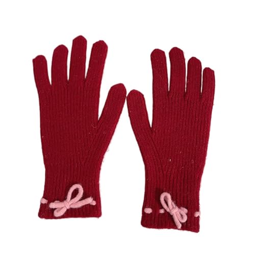 VIVAZYTGH Korea Frauen Gestrickte Bogen Handschuhe Winter Warm Touch Screen Handschuhe Fullfinger Kawaii Japanische Radfahren Fäustlinge Y2k Zubehör(Red) von VIVAZYTGH