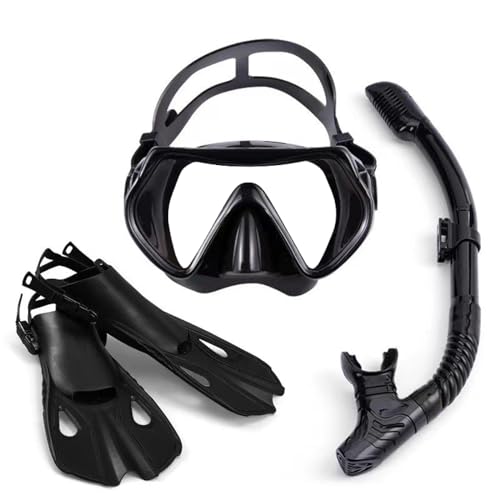 Schnorchelset mit Flossen, Schnorchelausrüstung in Reisegröße mit Schwimmflossen, Hochwertige Tauchermaske für Kinder Erwachsene-Black-A||S/M von VIXANI