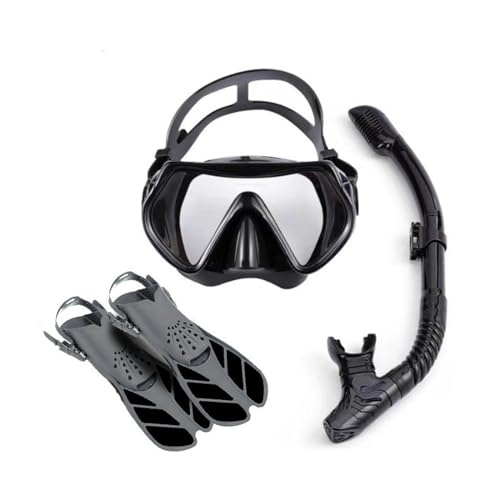 Schnorchelset mit Flossen, Schnorchelausrüstung in Reisegröße mit Schwimmflossen, Hochwertige Tauchermaske für Kinder Erwachsene-Black-D||S/M von VIXANI