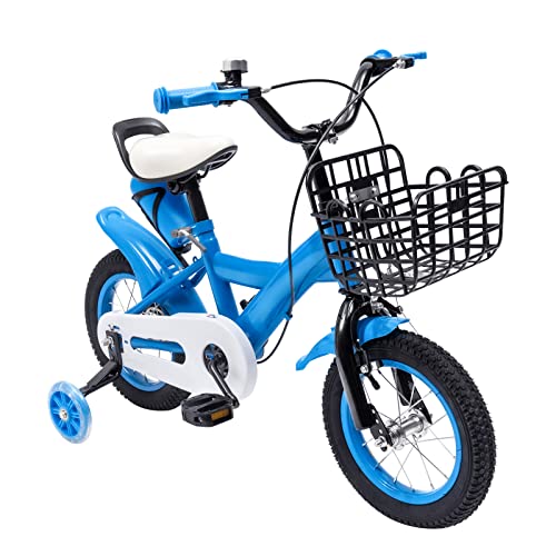 12 Zoll Kinderfahrrad, Fahrrad für Jungen und Mädchen, Höhenverstellbar Kinderrad mit Stützrädern, Korb, Wasserflasche, Von 2-4 Jahren (Blau) von VKROOD