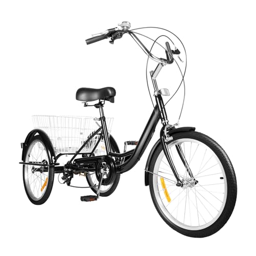 VKROOD 20 Zoll Erwachsene Dreirad, 8 Gang 3 Räder Fahrrad mit Einkaufskorb, Verstellbare Senioren Dreirad aus Kohlenstoffstahl, Erwachsenendreirad für Einkaufen von VKROOD