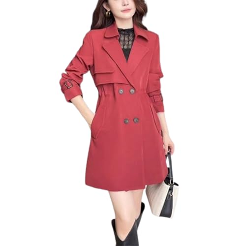 Bequemer Trenchcoat mit tailliertem Revers, Leichter, zweireihiger, mittellanger Mantel für Damen, schmaler Mantel mittlerer Länge (red,XL) von VNDUIFH