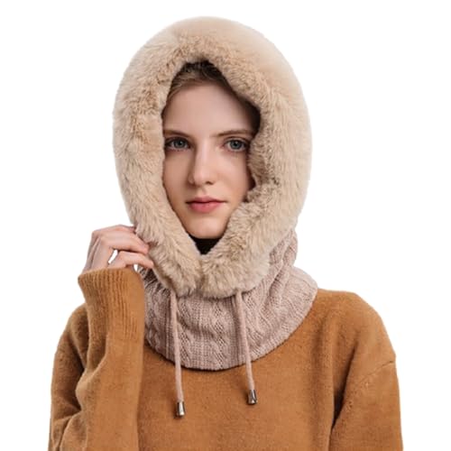 Damen Einteilige, lässige Fleece-Mütze, Schal, Maske, Kapuze, Einteilige Thermo-Strickmütze, gestrickte Sturmhaube (beige) von VNDUIFH