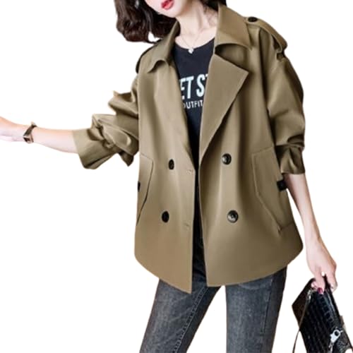 Kurzer Trenchcoat für Damen, Kurzer zweireihiger Trenchcoat für Damen, Locker geschnittene Jacke mit Langen Ärmeln und Revers und Taschen (A,M) von VNDUIFH