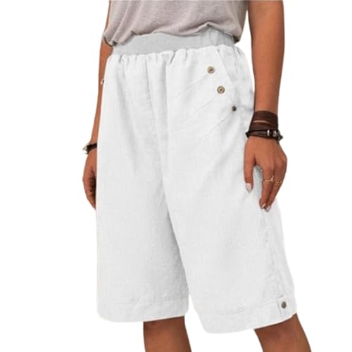 Lässige Sommer-Taschen-Shorts für Damen, Leinen-Lounge-Shorts mit hoher Taille, bequem, elastisch, Knielang, Workout-Shorts (1,XL) von VNDUIFH