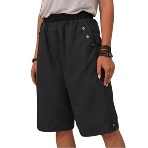 Lässige Sommer-Taschen-Shorts für Damen, Leinen-Lounge-Shorts mit hoher Taille, bequem, elastisch, Knielang, Workout-Shorts (3,S) von VNDUIFH