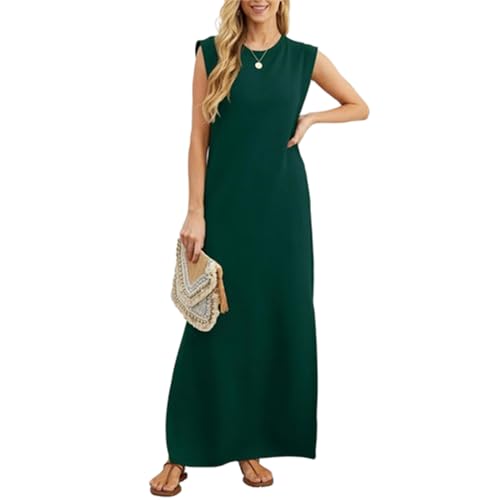 Lässiges, lockeres, langes Sommerkleid für Damen, ärmelloses Maxikleid mit Rundhalsausschnitt und Tasche, das Maxikleid mit tiefem Ausschnitt (4,M) von VNDUIFH