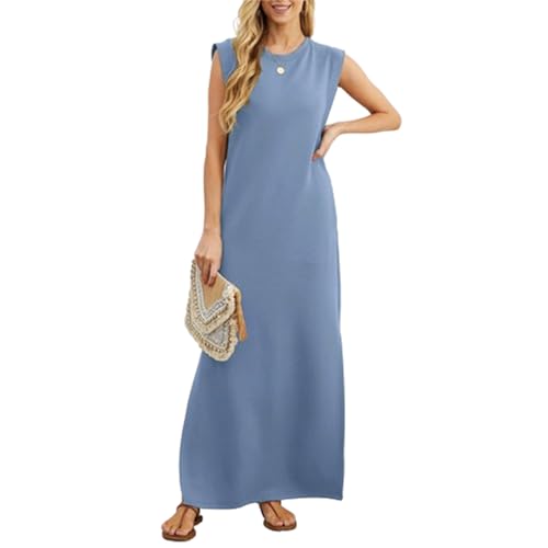 Lässiges, lockeres, langes Sommerkleid für Damen, ärmelloses Maxikleid mit Rundhalsausschnitt und Tasche, das Maxikleid mit tiefem Ausschnitt (6,XL) von VNDUIFH