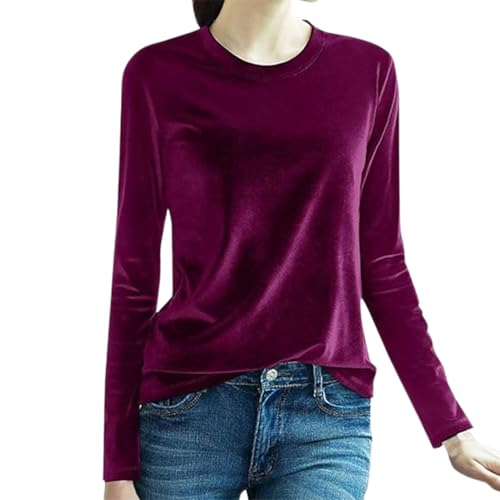 Samtoberteile für Damen, langärmeliges Rundhalsshirt, Bluse, Pullover, Trendige Samtoberteile, einfarbiges, lässiges T-Shirt (3,M) von VNDUIFH