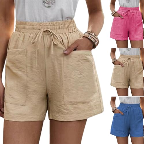 Solide Zwei Taschen, lockere, lässige Kurze Hose, Damen-Shorts aus Baumwollleinen mit Kordelzug, elastischer Taille und Taschen (6,M) von VNDUIFH