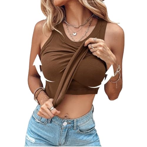 Tanktops für Damen mit integriertem BH, Geripptes Baumwoll-Camisole-Trainings-Sport-Camisole, Geripptes Tanktop mit Rundhalsausschnitt (4,S) von VNDUIFH