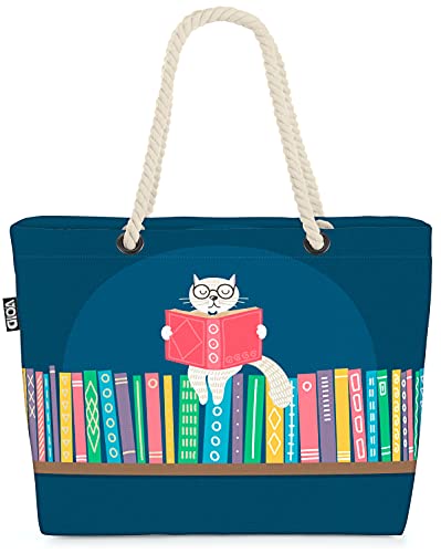 VOID Katze Lesen Geschichten Strandtasche Shopper 58x38x16cm 23L XXL Einkaufstasche Tasche Reisetasche Beach Bag von VOID