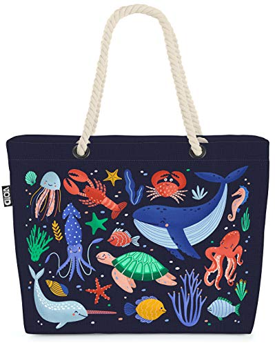 VOID Meerestiere Wal Krebs Fische Strandtasche Shopper 58x38x16cm 23L XXL Einkaufstasche Tasche Reisetasche Beach Bag von VOID